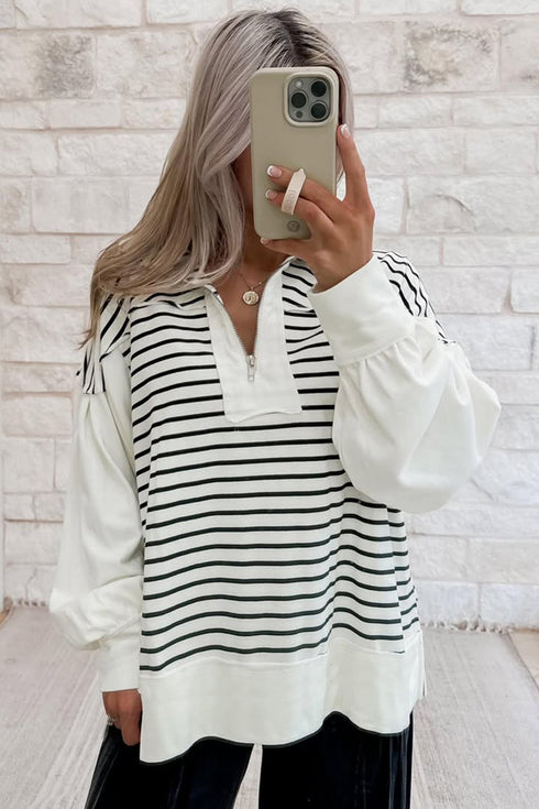 Striped Metal Zip Up Collar Long Puff Sleeve Top