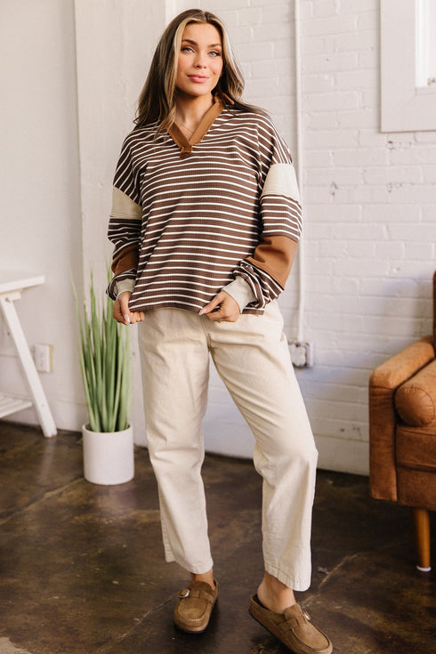 Striped Textured Collar V Neck Long Sleeve Pullover Top