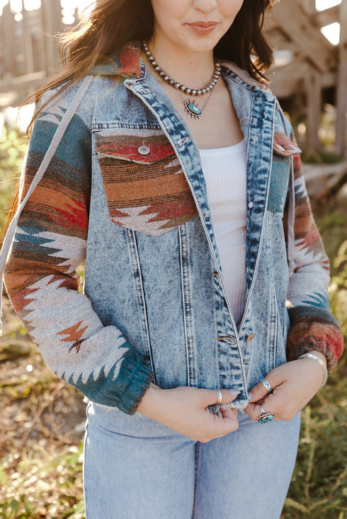 Aztec Print Patchwork Frayed Hem Western Denim Jacket