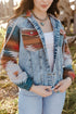 Aztec Print Patchwork Frayed Hem Western Denim Jacket