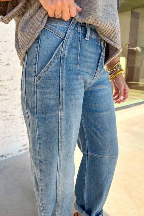 Casual Washed Cuffed Barrel Leg Jeans