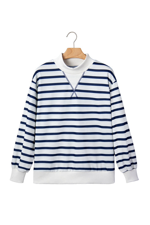 Striped Mock Neck Long Sleeve Ribbed Cuff Hem Sweatshirt