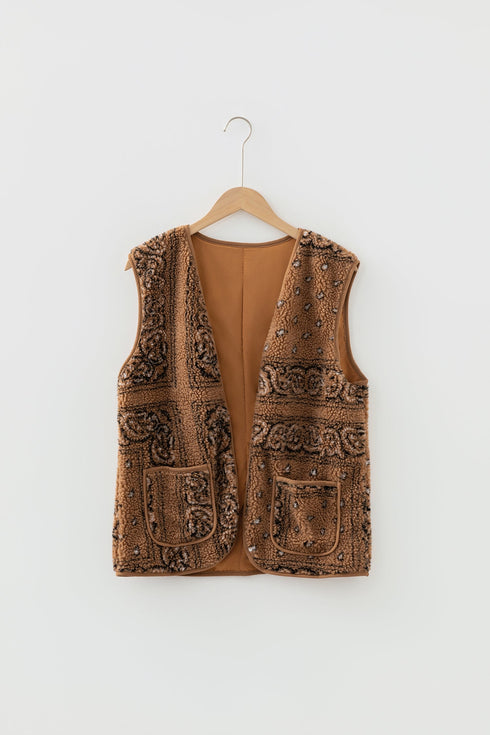 Sherpa Fleece Paisley Print Pocketed Western Vest