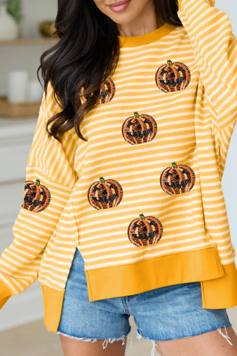 Sequin Pumpkin Face Stripe Split Side Long Sleeve Tee