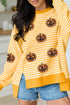 Sequin Pumpkin Face Stripe Split Side Long Sleeve Tee