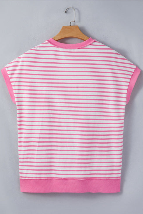 Striped Patchwork Half Placket High Low Short Sleeve Top