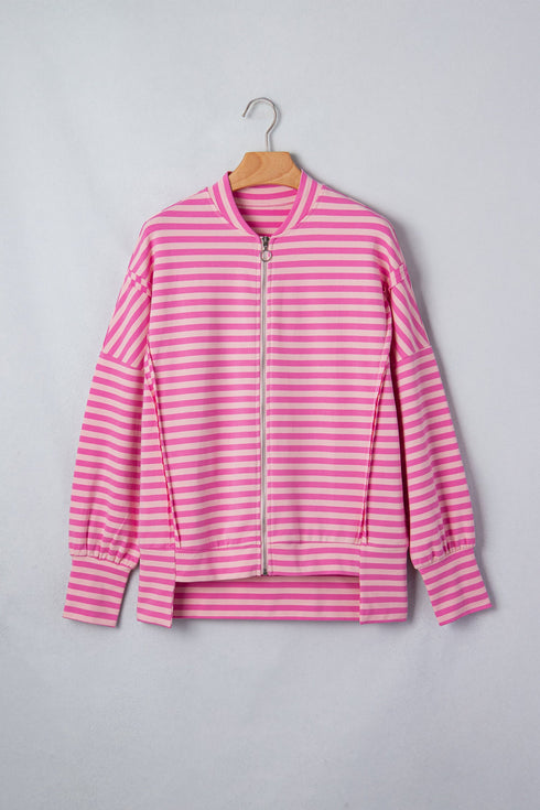 Striped Zip Up Puff Sleeve Jacket Sweatshirt