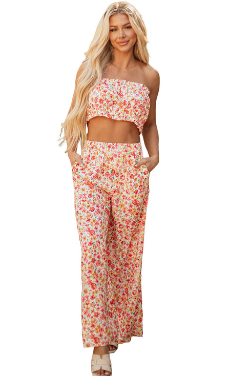 Bohemian Floral Print Bandeau Wide Leg Pant Set