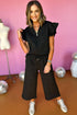 Textured Ruffle Sleeve Top Wide Leg Pant Set