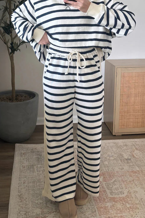 Striped Ribbed Cuff Collar Pocket Loose Pant Set
