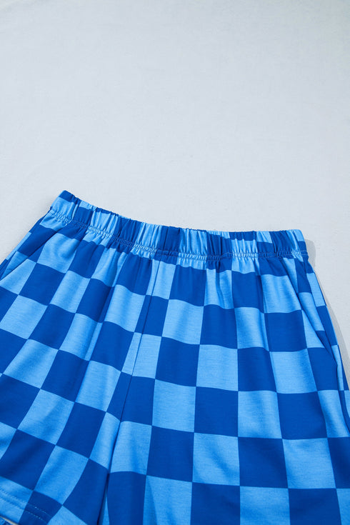 Plaid Checkered Long Sleeve Crop Top Elastic Waist Short Set