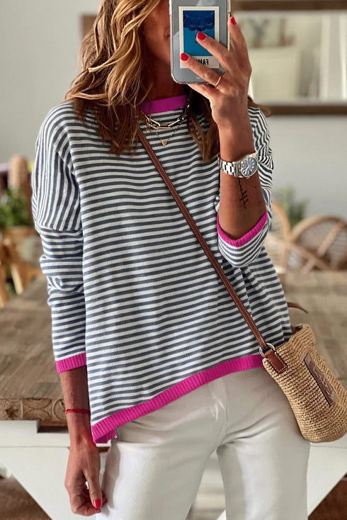 Striped Print Trim Detail Drop Shoulder Sweater