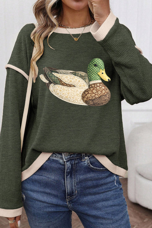 Four Leaf Clover Mallard Duck Graphic Trim Patchwork Knit Tee