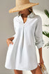 Striped Split Neck Roll Tab Sleeve Pocketed Shirt Dress