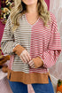 Textured Waffle Stripe V Neck Long Sleeve Top