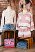 Striped Half Zip Bracelet Sleeve Top Short Set