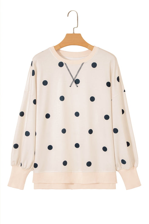 Polka Dot Loose Long Sleeve Split Hem Pullover Top