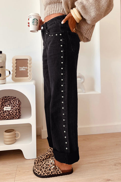Cotton Denim Studded Straight Leg Loose Jeans