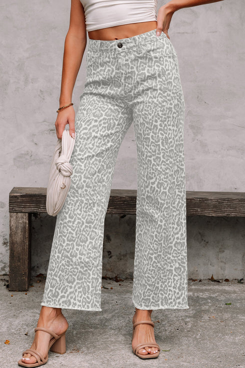 Western Style Leopard Print Frayed Edge Wide Leg Jeans