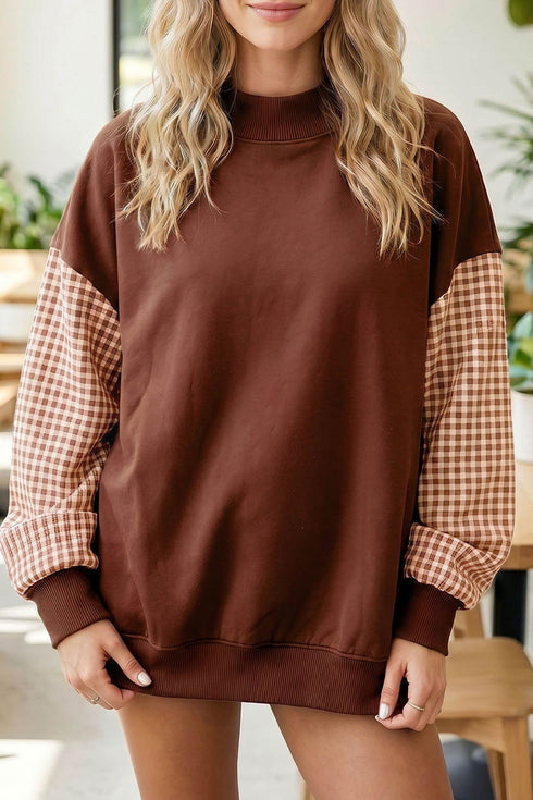 Mock Neck Plaid Pattern Sleeve Loose Tunic Sweatshirt