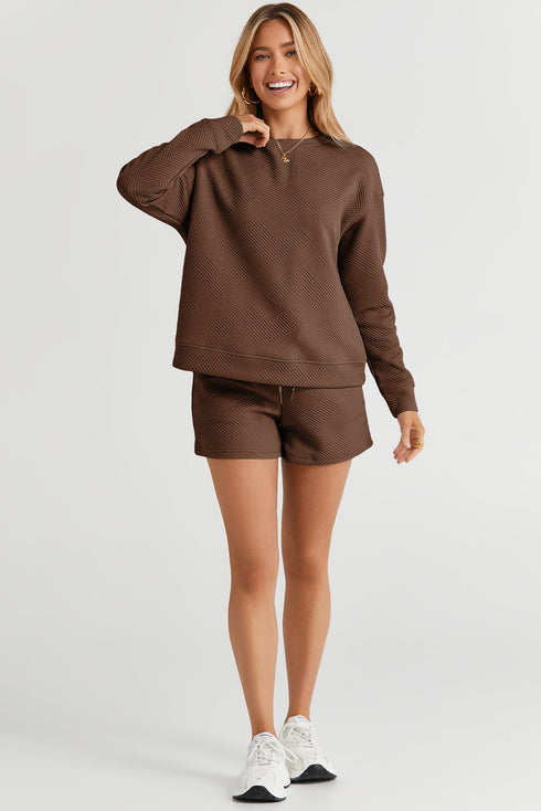 Textured Long Sleeve Top And Drawstring Lounge Short Sets