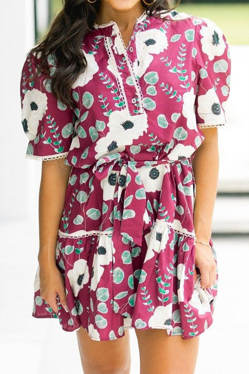 Puff Sleeve Belted A Line Mini Floral Dress