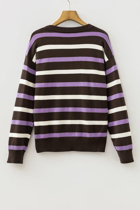 Stripe Embroidered Detail Drop Shoulder Pullover Sweater