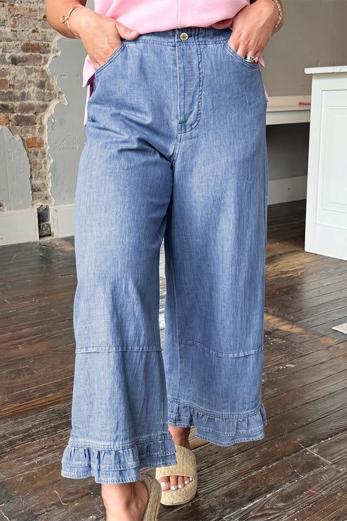 Ruffle Hem Wide Leg Full Length Jeans