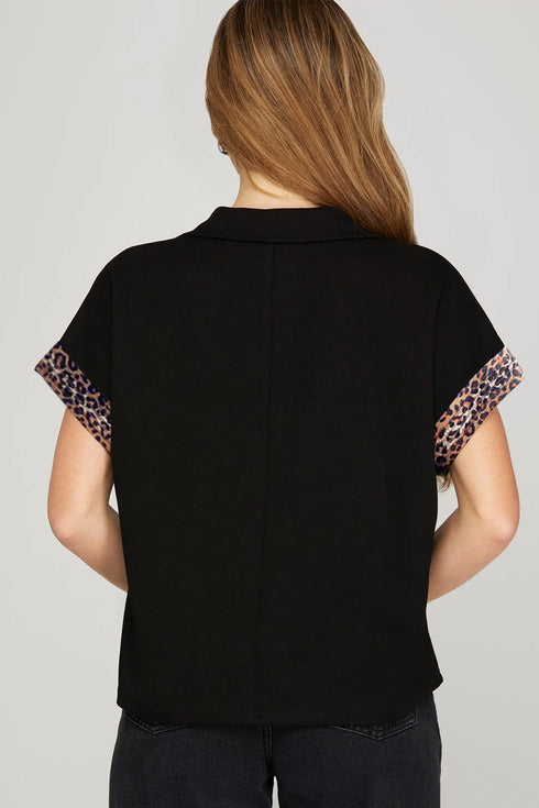 Leopard Print Patchwork Western Half Zip Short Sleeve Top