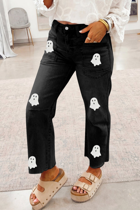 Sequined Ghost Patch Raw Hem Graphic Jeans