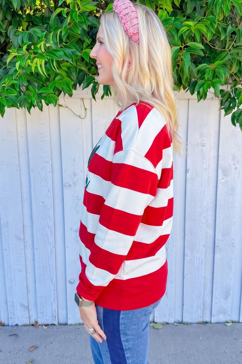 Holly Jolly Letter Embroidered Stripe Pullover Sweatshirt