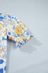 Floral Print Striped Trim V Neck Puff Sleeve Blouse