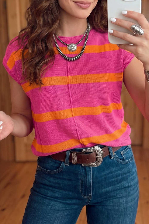 Western Striped Pattern Knit Short Sleeve Sweater
