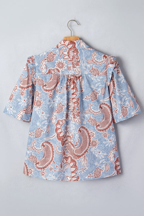 Bohemian Floral Print Scalloped Trim Button Down Shirt