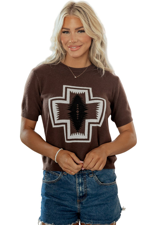 Western Graphic Print Short Sleeve Knit Pullover Sweater