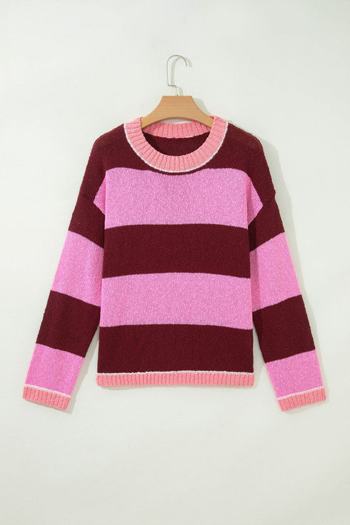 Striped Drop Shoulder Long Sleeve Pullover Knit Sweater