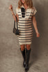 Striped Ribbed Knit Half Zip Mini Dress