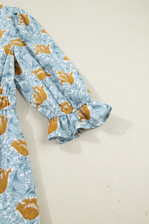 Bohemian Frilled V Neck Bracelet Sleeve Long Floral Dress