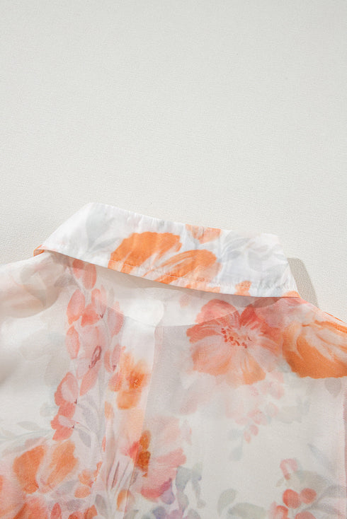 Abstract Floral Balloon Sleeve Button Down Blouse