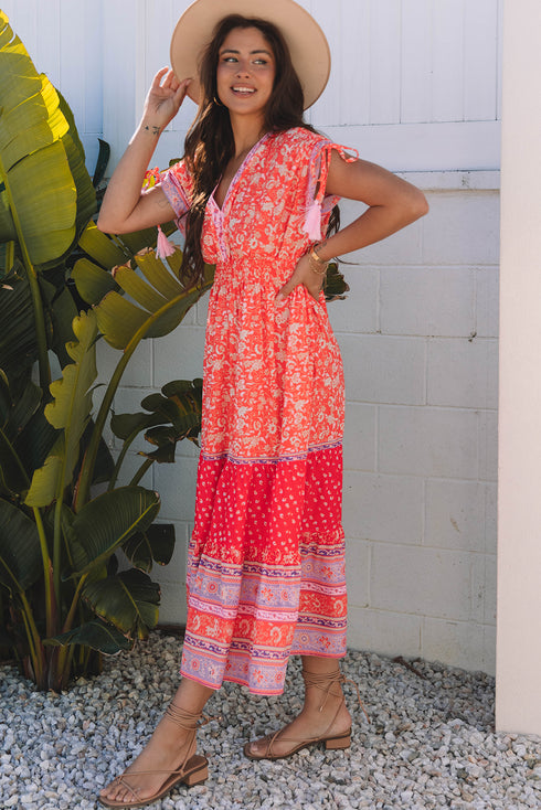 The Isabella Floral Print Tasseled Tied Sleeve Empire Waist Maxi Ensemble