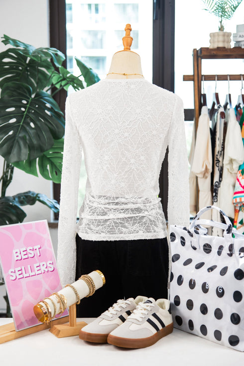 Sheer Mesh Lace Feminine Detail Long Sleeve Top