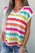 Striped Eyelet Crochet Knit V Neck Short Sleeve Sweater