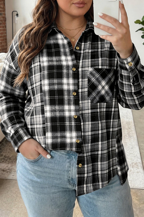Plaid Long Sleeve V Neck Shift Shirt Jacket