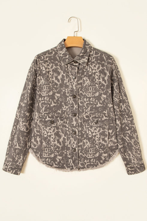 Abstract Camo Print Raw Hem Long Sleeve Collared Jacket