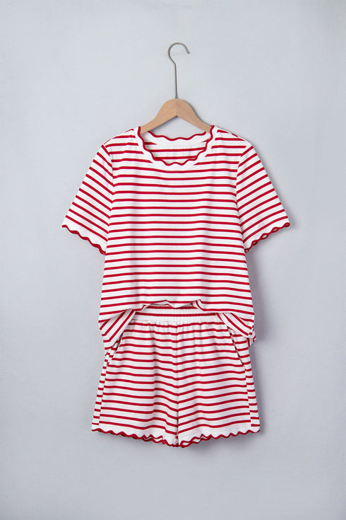 Stripe Scallop Trim Casual Shorts Set