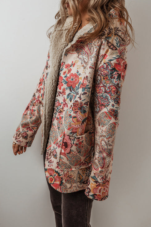 Bohemian Floral Print Sherpa Lined Fleece Hooded Jacket