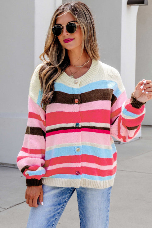 Striped Panel Drop Shoulder Graphic Knit Cardigan