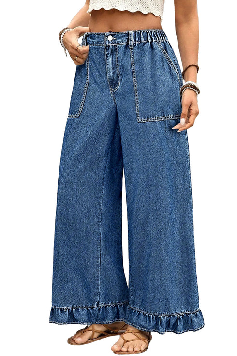 Elastic Waist Ruffled Wide Leg Denim Pants