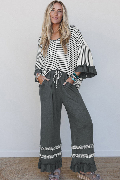 Striped V Neck Ruffle Sleeve Top Drawstring Two Piece Pant Set