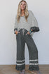 Striped V Neck Ruffle Sleeve Top Drawstring Two Piece Pant Set